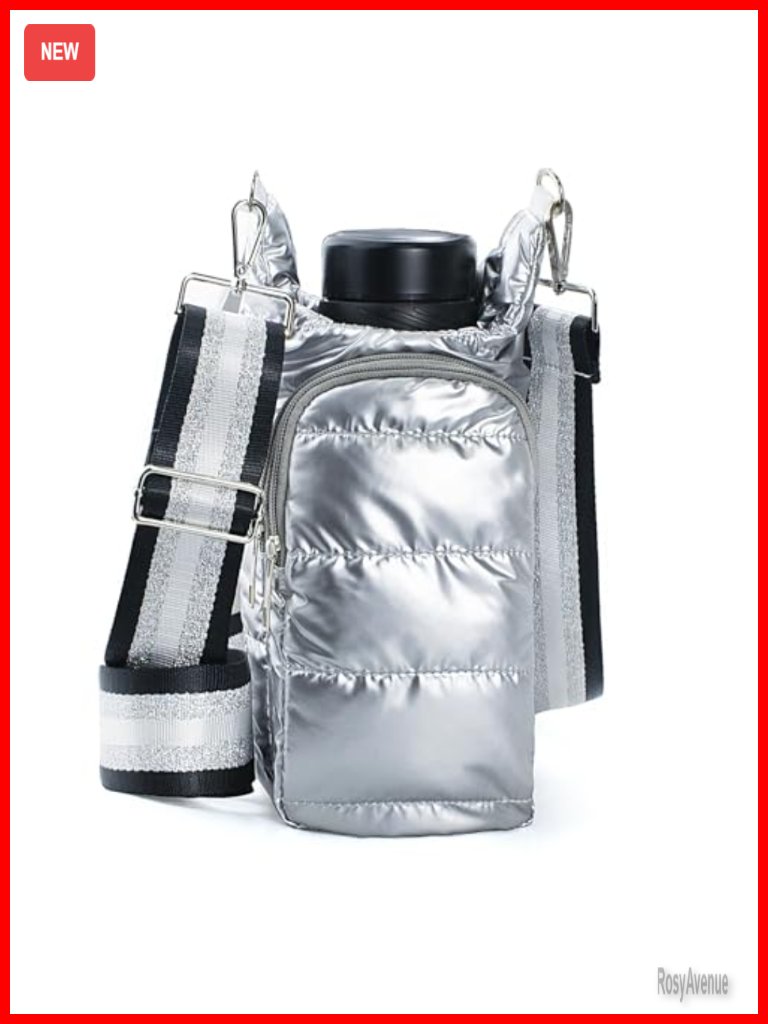 Quilted Puffer Crossbody Bag With Adjustable Strap Water Bottle Holder